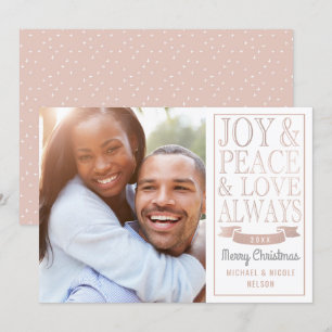 Cartão De Festividades Joy & Peace & Love Always   Rosa Dourado Faux Foil