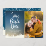 Cartão De Festividades Joy Peace Love Christmas Winter Scene Photo<br><div class="desc">Espalhe a alegria do Natal com este cartão com fotos elegante. Personalize a frente com seu nome de família de mensagens de feriado,  ano e foto especial. O reverso apresenta uma bonito cena de neve de inverno. Projetado por Thisnotme©</div>