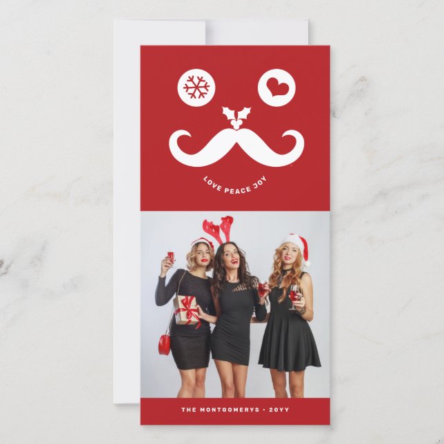 Cartão De Festividades Joy Peace Love Mustache Sorrindo Com Uma Foto Engr (Frente)