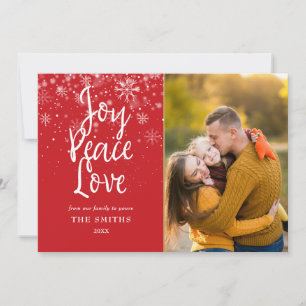 Cartão De Festividades Joy Peace Love Script Snowflakes Foto Natal