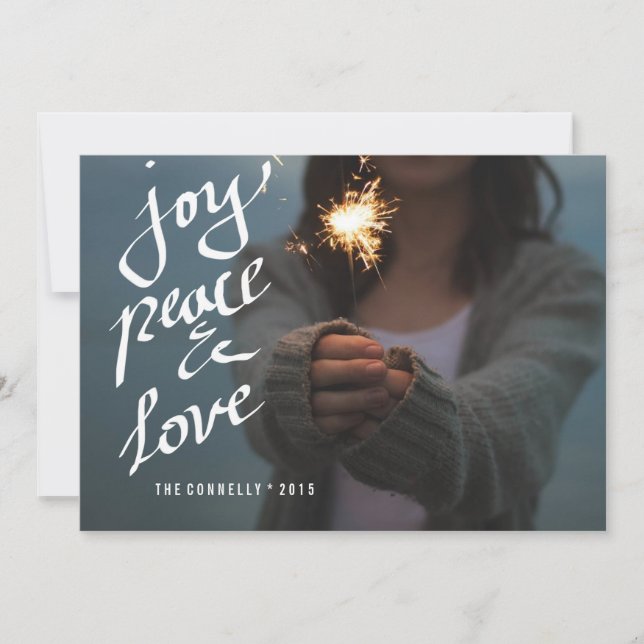 Cartão De Festividades Joy Peace Love Script Whimsical Holiday Photo (Frente)