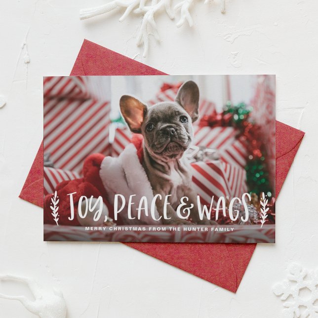 Cartão De Festividades Joy Peach Wags Lettering Dog Photo (Criador carregado)