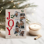 Cartão De Festividades JOY Snow Overlay 5 Photo Collage Natal<br><div class="desc">Mande aos amigos e à família uma JOY neste Natal com estes festivos cartões de natal de natal de colagem de 5 fotos. A design apresenta o texto JOY em vermelho tradicional, com 5 (cinco) fotos da sua escolha em um modelo de quadrado moderno, imagens de folhagem sagrada com bagas...</div>