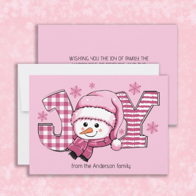 Cartão De Festividades Joy Snowman Rosa Natal Branco (Cute Christmas holiday snowman and snowflakes, "JOY" greeting card customized with your own text)