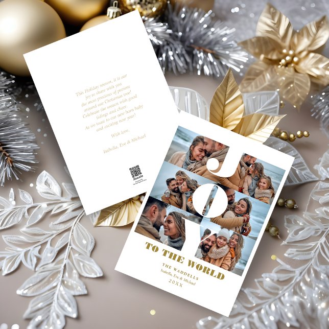 Cartão De Festividades Joy to the World 6 Custom Photos Collage (Beautiful Christmas Collage 6 Photos & Gold Holiday Card.)