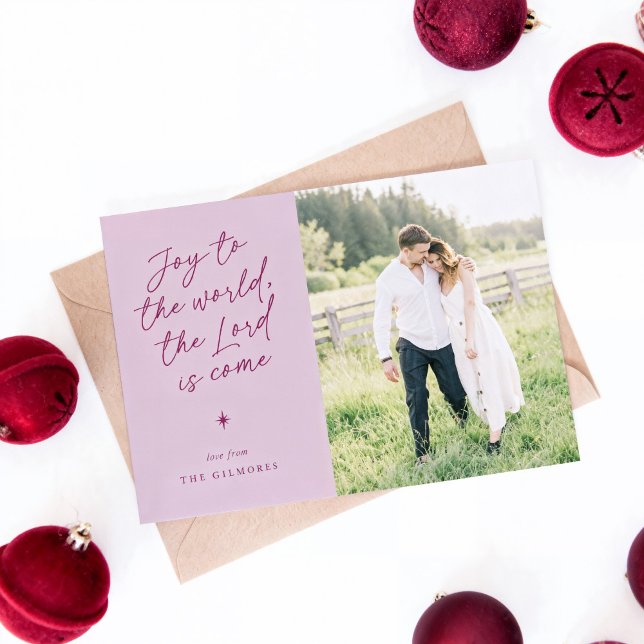 Cartão De Festividades Joy to the World Handwriting Religious Christmas ("Joy to the World" handwritten Christmas photo card in pink)