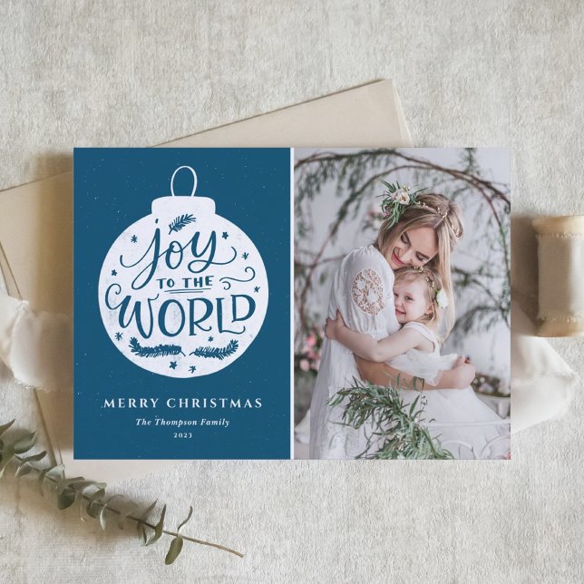Cartão De Festividades Joy To The World Lettering Blue Christmas Photo (Criador carregado)