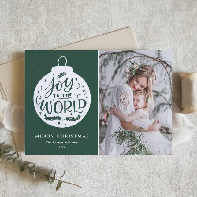 Cartão De Festividades Joy To The World Lettering Green Christmas Photo (Criador carregado)