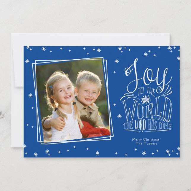 Cartão De Festividades Joy to the World Manual Blue Photo Christmas (Frente)