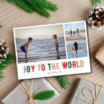 Cartão De Festividades Joy to the World Photo Collage Holiday Card<br><div class="desc">Cartaz de design de praia "Joy to the world",  da família 3. Personalizado com três das suas fotos favoritas,  saudação e nome de família.</div>