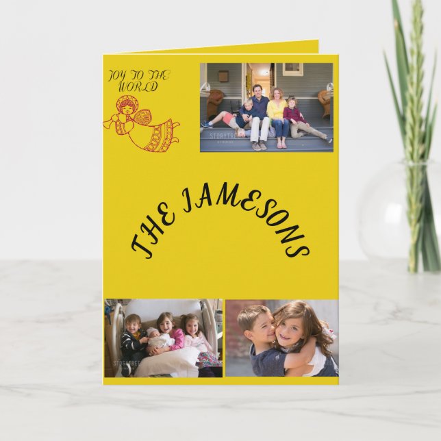 Cartão De Festividades Joy To World 3 Photos Yellow Background (Frente)