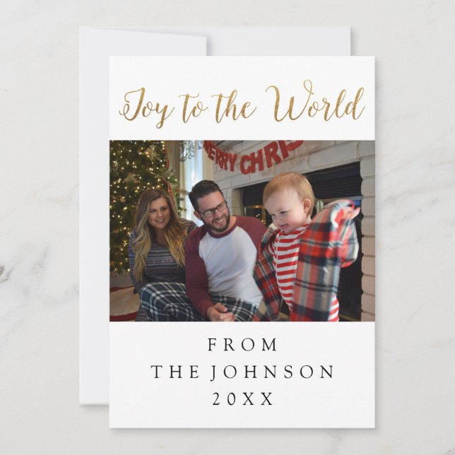 Cartão De Festividades Joy To World Photo White Holiday Script Green (Frente)