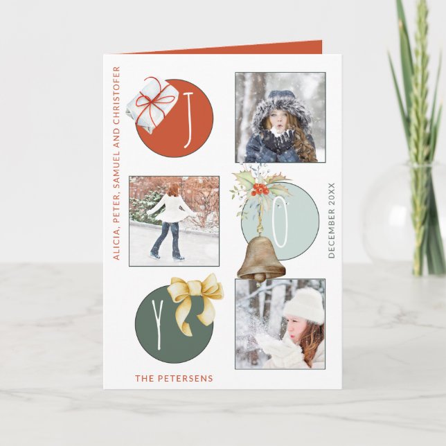 Cartão De Festividades JOY Typografia Moderno Natal 4 Colagem de Fotos (Frente)