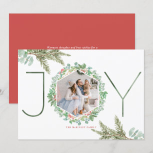 Cartão De Festividades JOY Watercolor Christmas Foliage Wreath Photo