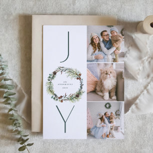 Cartão De Festividades JOY Winter Foliage Wreath Photo Collage Natal