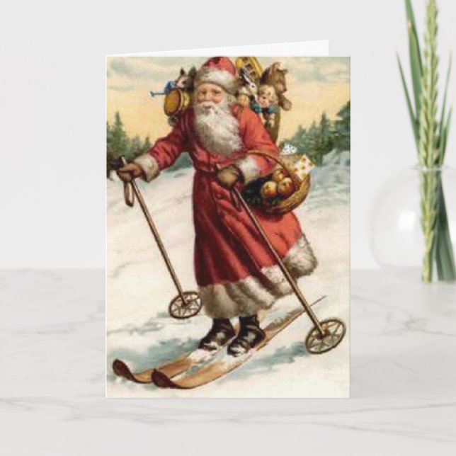 Cartão De Festividades Joyeaux Noel Santo Nicholas Skiing (Frente)