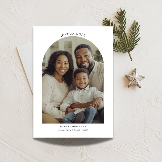 Cartão De Festividades Joyeux Noël Bilingual French Christmas Arch Photo (Criador carregado)