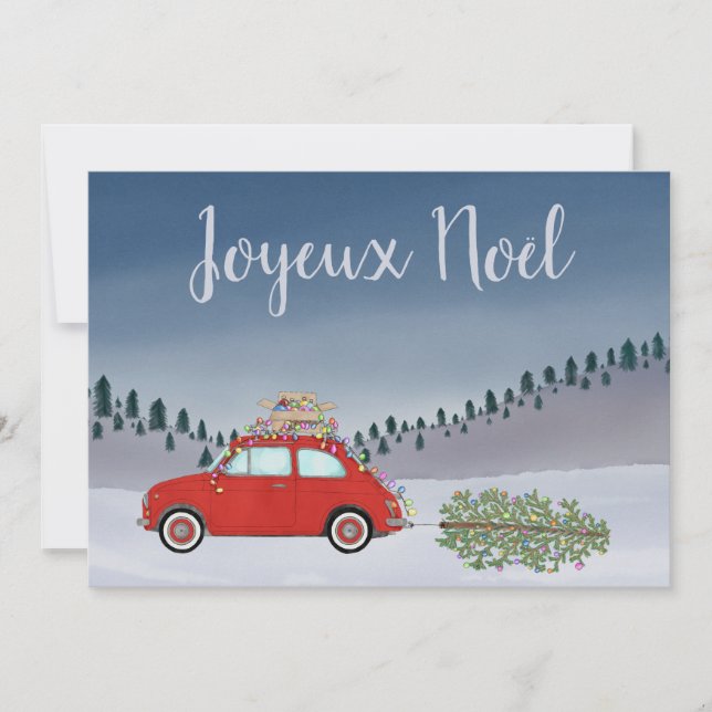 Cartão De Festividades Joyeux noël França Natal Red Fiat 500 (Frente)