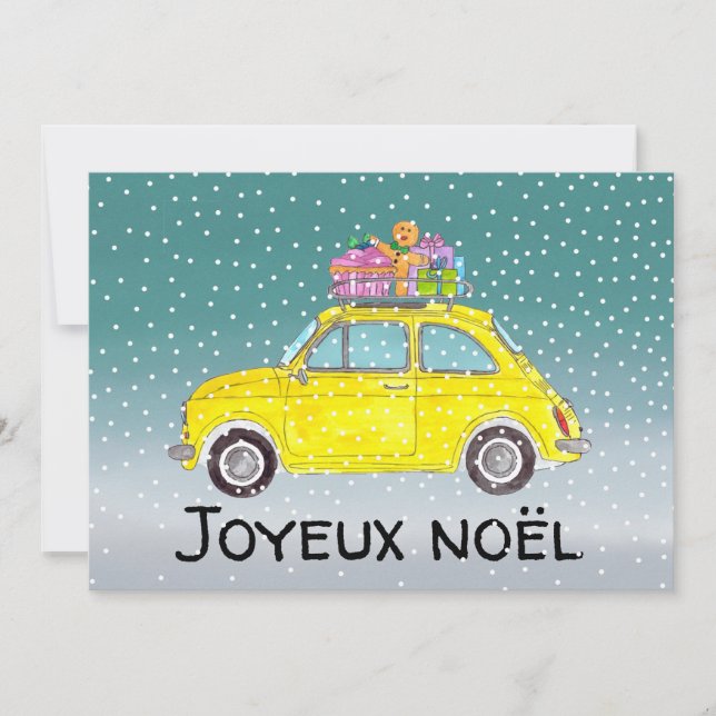 Cartão De Festividades Joyeux noël Francês Natal Amarelo Fiat 500 (Frente)