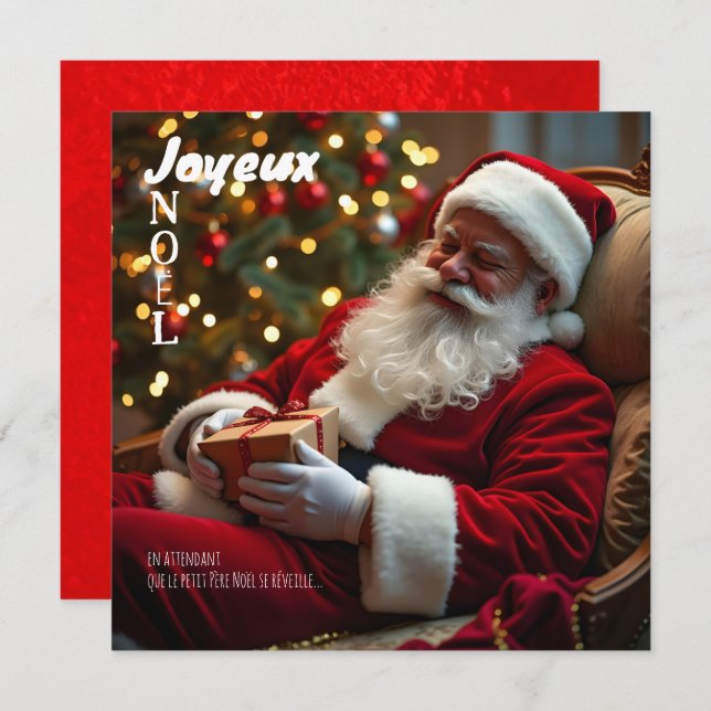 Cartão De Festividades Joyeux Noël Le Père Noël s est endormi SqFC (Frente/Verso)
