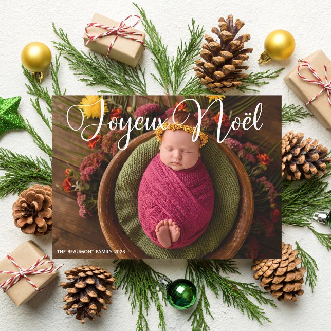 Cartão De Festividades Joyeux Noël White Script Baby Photo Christmas (Criador carregado)