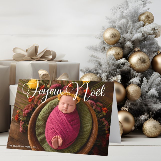 Cartão De Festividades Joyeux Noël White Script Chic Natal (Criador carregado)