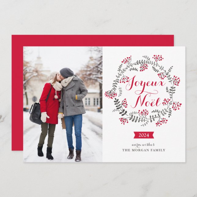 Cartão De Festividades Joyeux Noël Winterberry Wreath Wreath Foto de Nata (Frente/Verso)