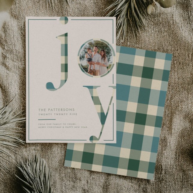 Cartão De Festividades Joyful Blue Green Plaid Family Photo Christmas (Criador carregado)