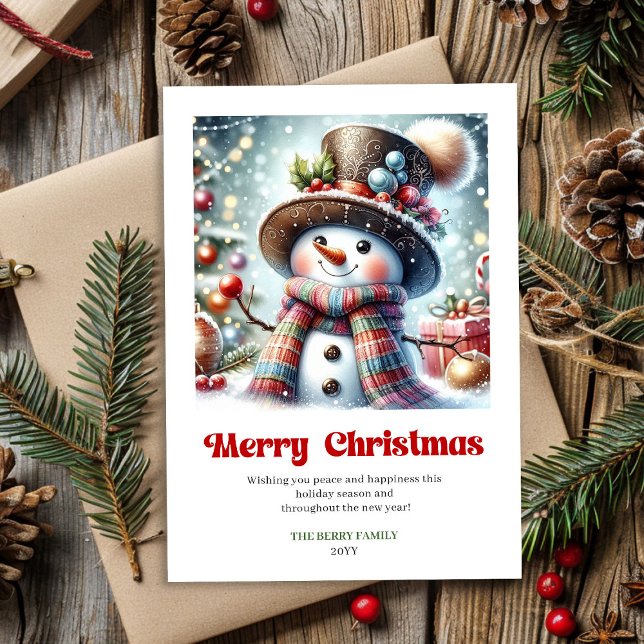 Cartão De Festividades Joyful cartoon snowman festive red green gold kids (Joyful cartoon snowman festive red green gold kids Holiday Card)