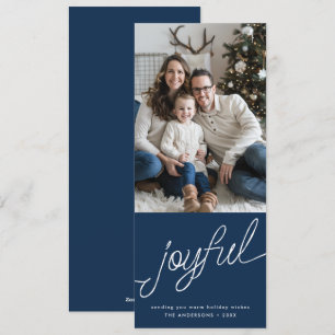 Cartão De Festividades Joyful Modern Script Blue Fotografia alta no Natal