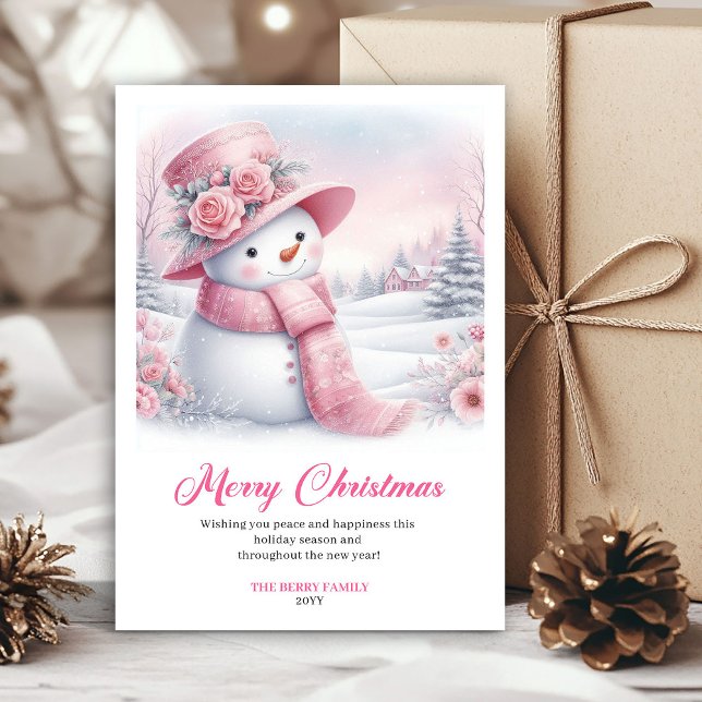Cartão De Festividades Joyful pink snowman Christmas greeting card digita (Joyful pink snowman Christmas greeting card editable file)