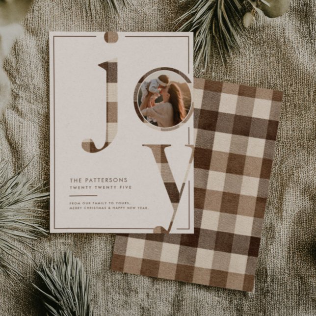 Cartão De Festividades Joyful Rustic Brown Gingham Family Photo Christmas (Criador carregado)