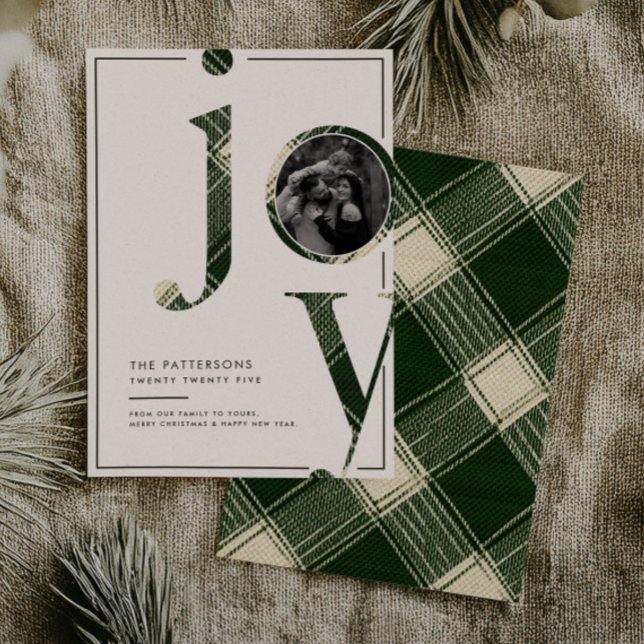 Cartão De Festividades Joyful Rustic Green Gingham Family Photo Christmas (Criador carregado)