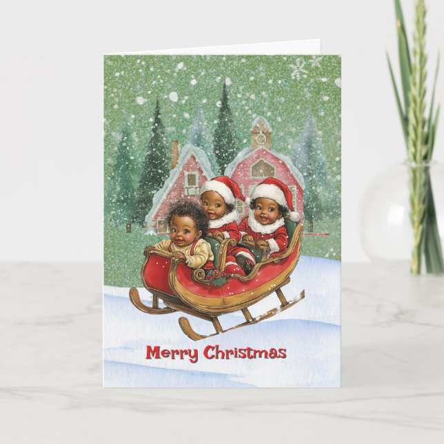 Cartão De Festividades Joyful Sleigh Ride African American Kids (Frente)