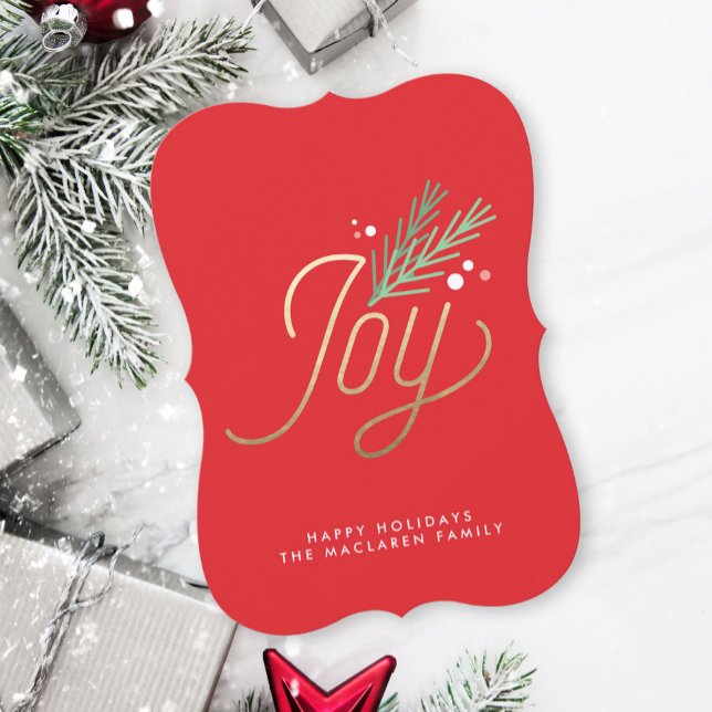 Cartão De Festividades Joyful Sprig Faux Foil Red Bracket Holiday Card (Criador carregado)