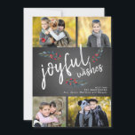 Cartão De Festividades Joyful Wish Chalkboard Natal 4 Colagem de Fotos<br><div class="desc">Joyful Deseja Script Branco e Berries de Aquarela Desenhados em Placa Feriada de Quadro 4 Preto. Design por Elke Clarke © Personalize a colagem de fotos com as fotos e o nome da sua família</div>