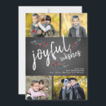 Cartão De Festividades Joyful Wish Chalkboard Natal 4 Colagem de Fotos<br><div class="desc">Joyful Deseja Script Branco e Berries de Aquarela Desenhados em Placa Feriada de Quadro 4 Preto. Design por Elke Clarke © Personalize a colagem de fotos com as fotos e o nome da sua família</div>
