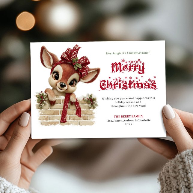 Cartão De Festividades Joyful Xmas peeking baby reindeer winter card (Joyful Xmas peeking baby reindeer winter card)