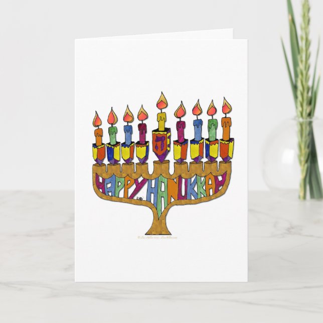 Cartão De Festividades Judaica Happy Hanukkah Dreidel Menorah (Frente)