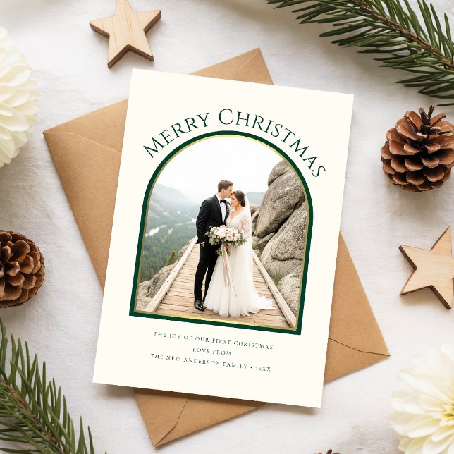 Cartão De Festividades Just Married Newlywed Couple Arch Photo Christmas (Criador carregado)