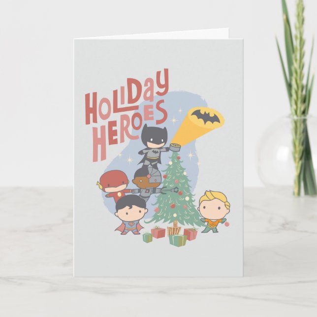 Cartão De Festividades Justice League Chibi Holiday Tree Decorating (Frente)