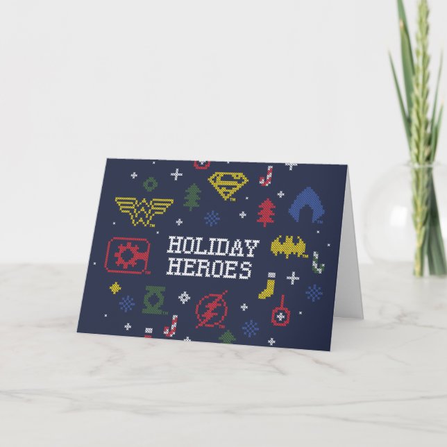 Cartão De Festividades Justice League "Holiday Heroes" Faux Cross-Stitch (Frente)