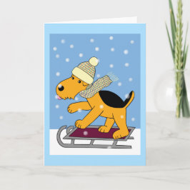 Cartão De Festividades Kawaii Airedale Terrier Dog on Sled Greeting Card