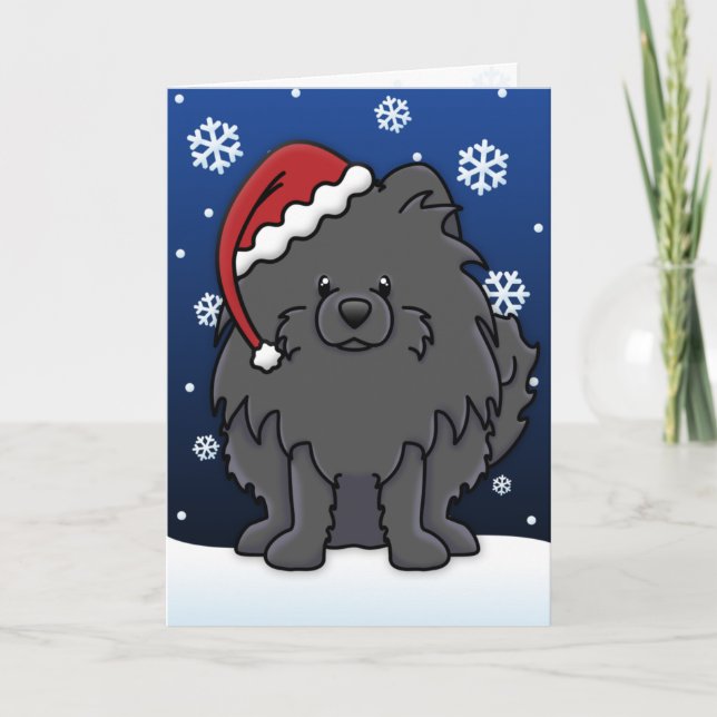 Cartão De Festividades Kawaii Black Pomeranian Christmas Card (Frente)