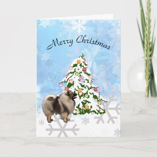 Cartão De Festividades Keeshond with Christmas Tree on Blue Crystal (Frente)