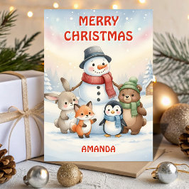 Cartão De Festividades Kids Christmas Snowman & Little Animals
