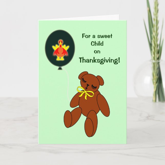 Cartão De Festividades Kids Thanksgiving Card Teddy Bear w Turkey Balloon (Frente)