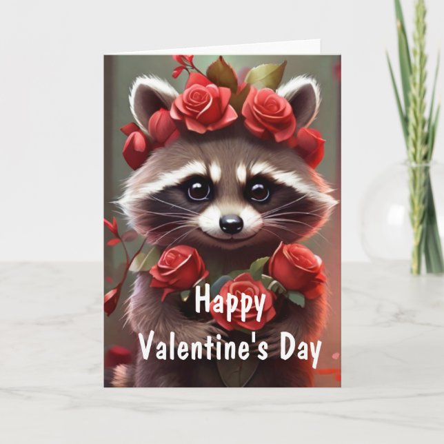 Cartão De Festividades Kisses e rosas do Raccoon do Amor de namorados (Frente)