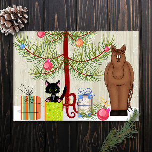 Cartão De Festividades Kit de Natal Plano Fazenda Engraçada Gatinho Caval