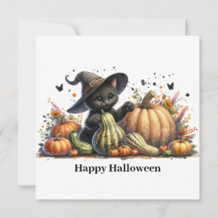 Cartão De Festividades Kitten da Bruxa Negra de Halloween com Abóboras Ca